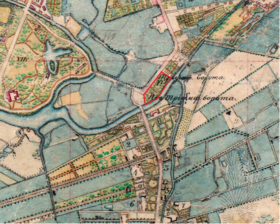 Будущий участок Северовых между Петергофским проспектом и р. Таракановкой на карте 1824 г. Ист. Aroundspb.ru