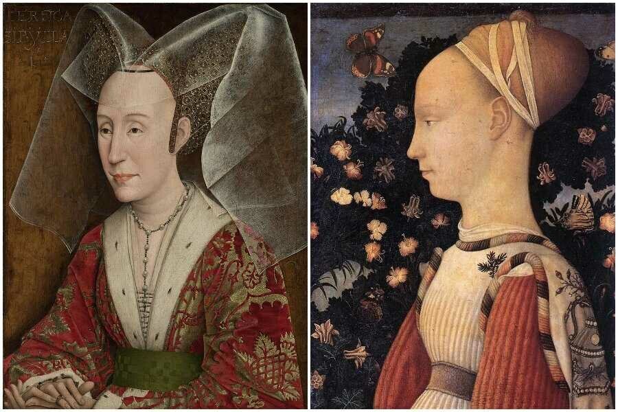 Лоб раньше. Средневековые прически женские. Идеал красоты в средневековье. Прически в средние века. Мода на выбритые лбы в средневековье.