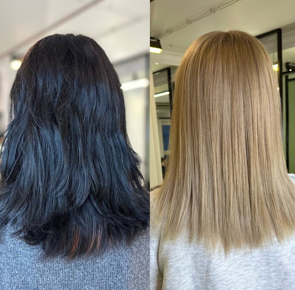 Фото работы ДО/ПОСЛЕ выхода из черного стилиста салона Kosa Colour Studio.