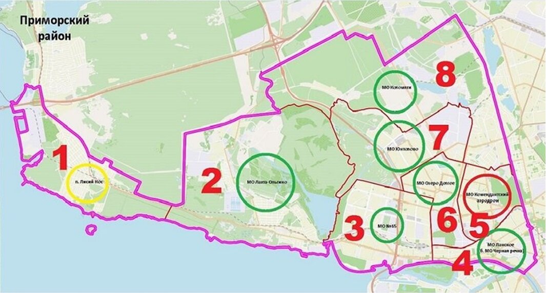 Это схема муниципальных образований Приморского района СПб, по которым мне пришлось совершить "рейд" в поисках очередных "жертв".