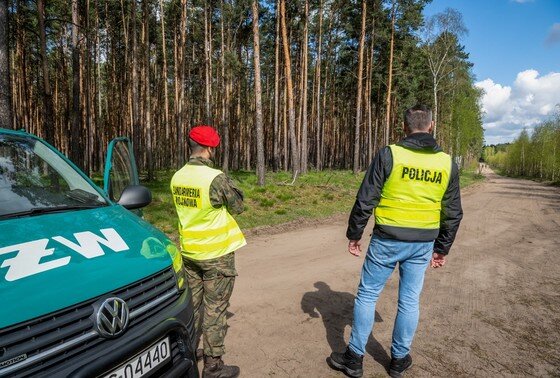    Польша. Сотрудники полиции в лесу недалеко от места, где были обнаружены обломки ракеты класса «воздух — земля»