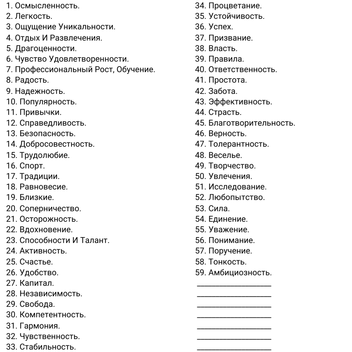 Таблица "Мои ценности"