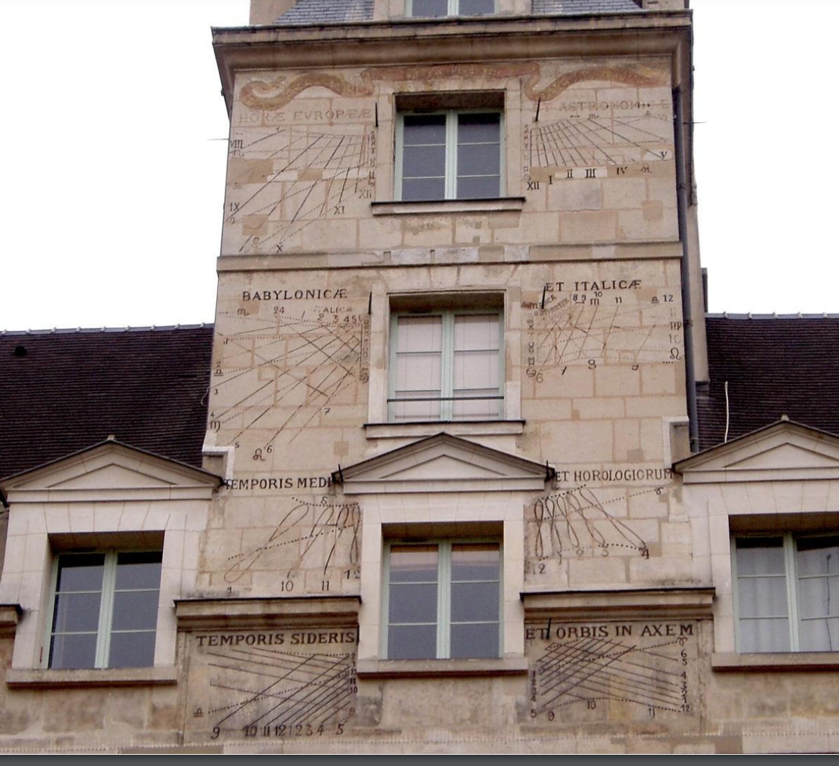 Восемь горизонтальных гномонов на южной стене показывают 5 разных типов времени. Сверху вниз: 1) местное солнечное (истинное) время,  две шкалы для утренних и послеполуденных часов и годовые линии склонения по Зодиаку; 2) слева вавилонские часы (местные часы с последнего захода Солнца), справа итальянские (счёт от восхода Солнца); 3) среднее поясное время с линиями склонения (часовые линии имеют вид аналеммы, т.е. восьмёрки); 4) звездное время.