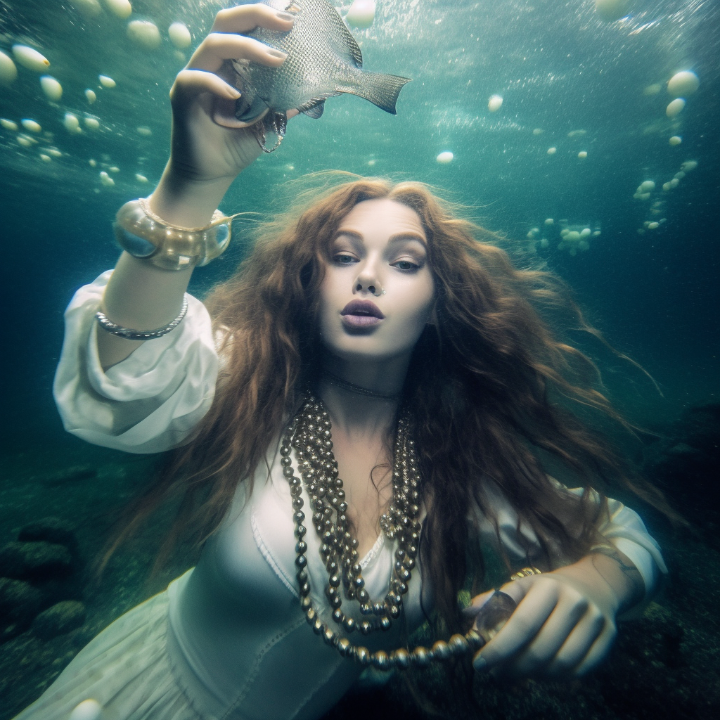 Оригинал промта на английском языке: underwater realistic photo of mermaid with long wavy hair taking selfie, wearing oversized pearl necklace