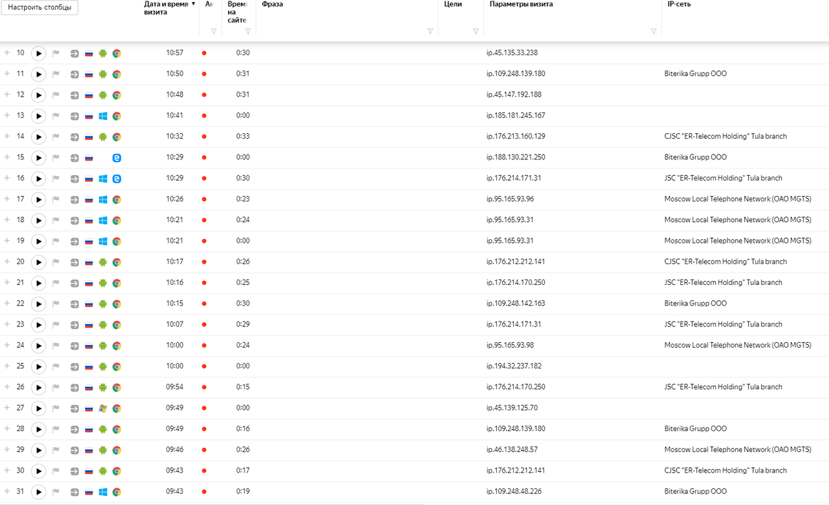 Как выглядят боты Битерики в Яндекс Метрике