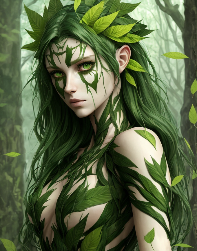 human/tree hybrid, leaves on body, grass clothing, leaves in hair, green eyes, manga style, digital art, asthashion, fantasy character, bark instead of skin, unreal, unusual, bright, light, ultra realistic Steps: 20, Sampler: DPM2 a Karras, CFG scale: 7, Seed: 3525226640, Size: 680x864, Model hash: a60cfaa90d, Model: dreamshaper_5BakedVae