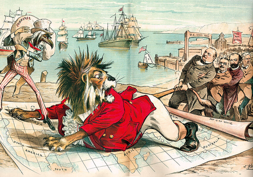 Карикатура начала ХХ века на англо-американское соперничество
