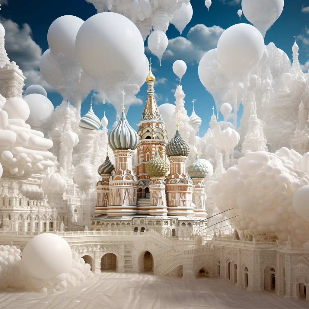 Prompt: Kremlin in pneumatic style, if was inflatable like a balloon in a real landscape, elaborate spacecrafts, photo-realistic hyperbole, 32k uhd, gossamer fabrics, dazzling cityscapes, white, installation-based