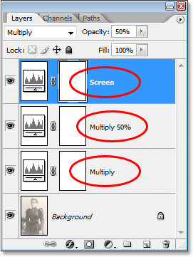 Создаем еще раз копию корректирующего слоя «Уровни» и называем ее «Экран». Два предыдущих корректирующих слоя мы также переименовываем