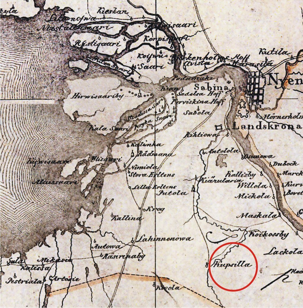 Шведская карта  15 века. Санкт-Петербурга еще нет, вместо него крепость Ниеншац. А Купчино уже есть (обведено красным кружком)