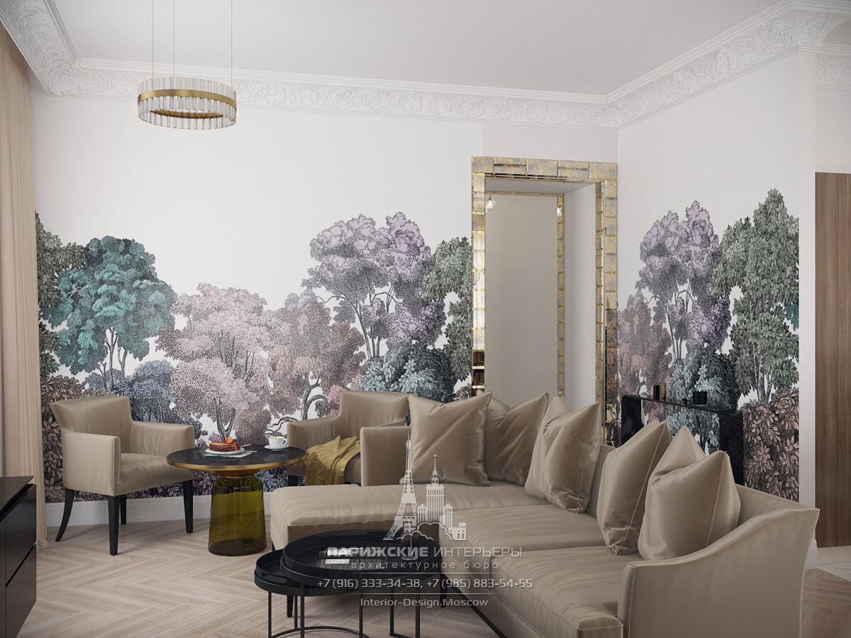 Пейзаж в нежных тонах на стене гостиной