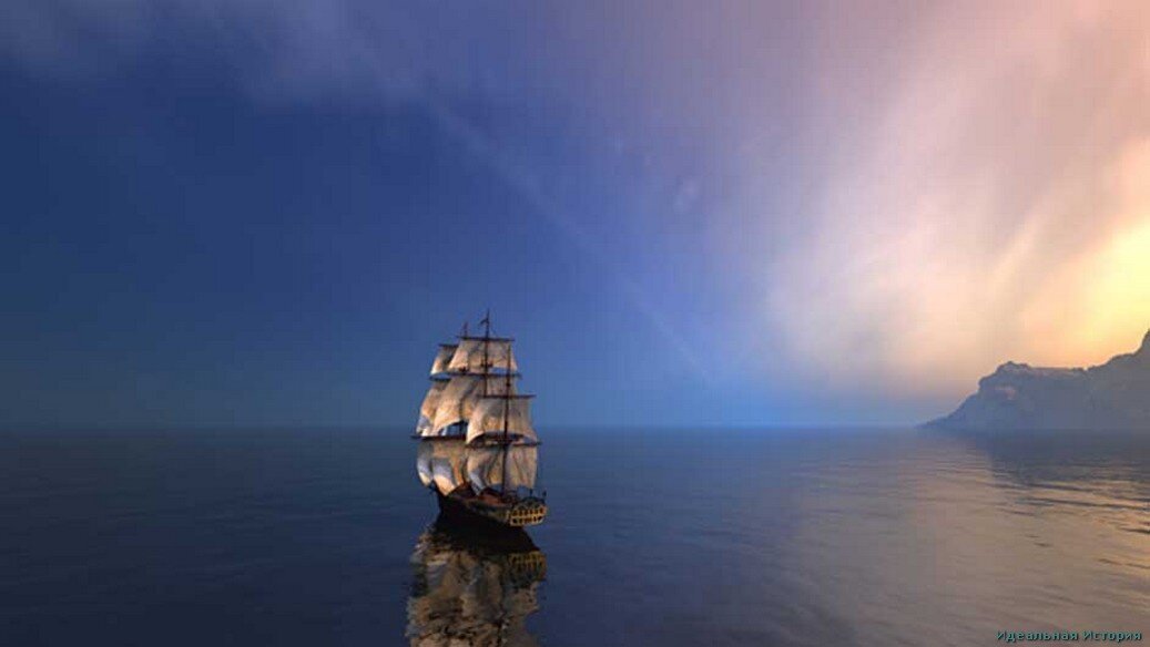 Парусный корабль в бескрайнем океане в сумерках