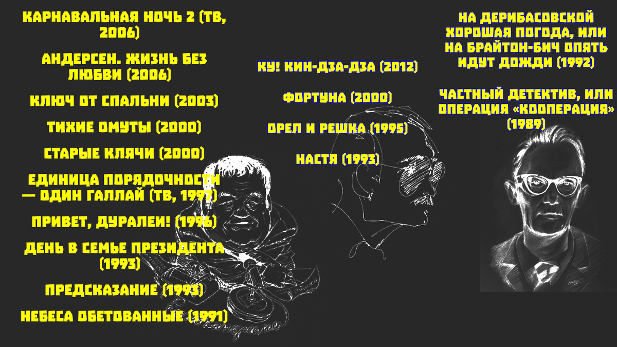 То, что творил Рязанов, когда получил полную свободу действий, описать цензурным кинематографическим языком сложно. Гайдай отметился всего двумя ужасными лентами. Не успел добавить газу  в силу биологических причин. Данелия сам понял - что-то не так и отошел в сторону. Хотя именно его Орел и решку провалом никак считать нельзя. Немного мешает антураж девяностых, но все равно смешно.