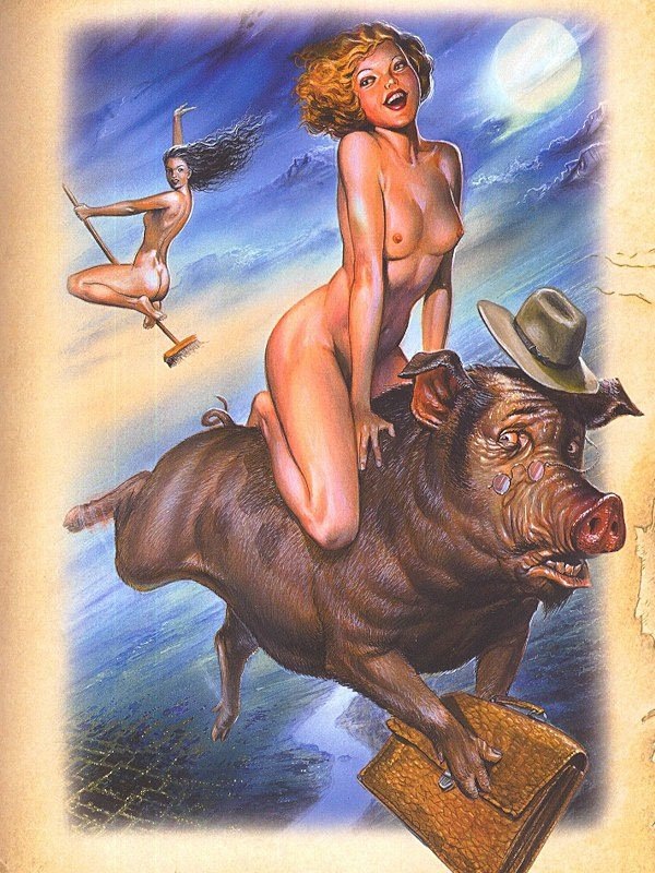 Маргарита и Наташа на борове Николае Ивановиче. "Она, совершенно нагая, с летящими по воздуху растрепанными волосами, летела верхом на толстом борове, зажимавшем в передних копытцах портфель, а задними ожесточенно молотящем воздух". Иллюстрация В.Глушенко.