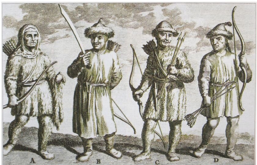 В глазах европейцев такими виделись жители тартары то бишь татары. Обитатели Тартарии: А - якут, В - калмык, С - киргизский остяк, Д - даурский тунгус. Николас Витсен (фото из группы "Культура и искусство тюркских народов")