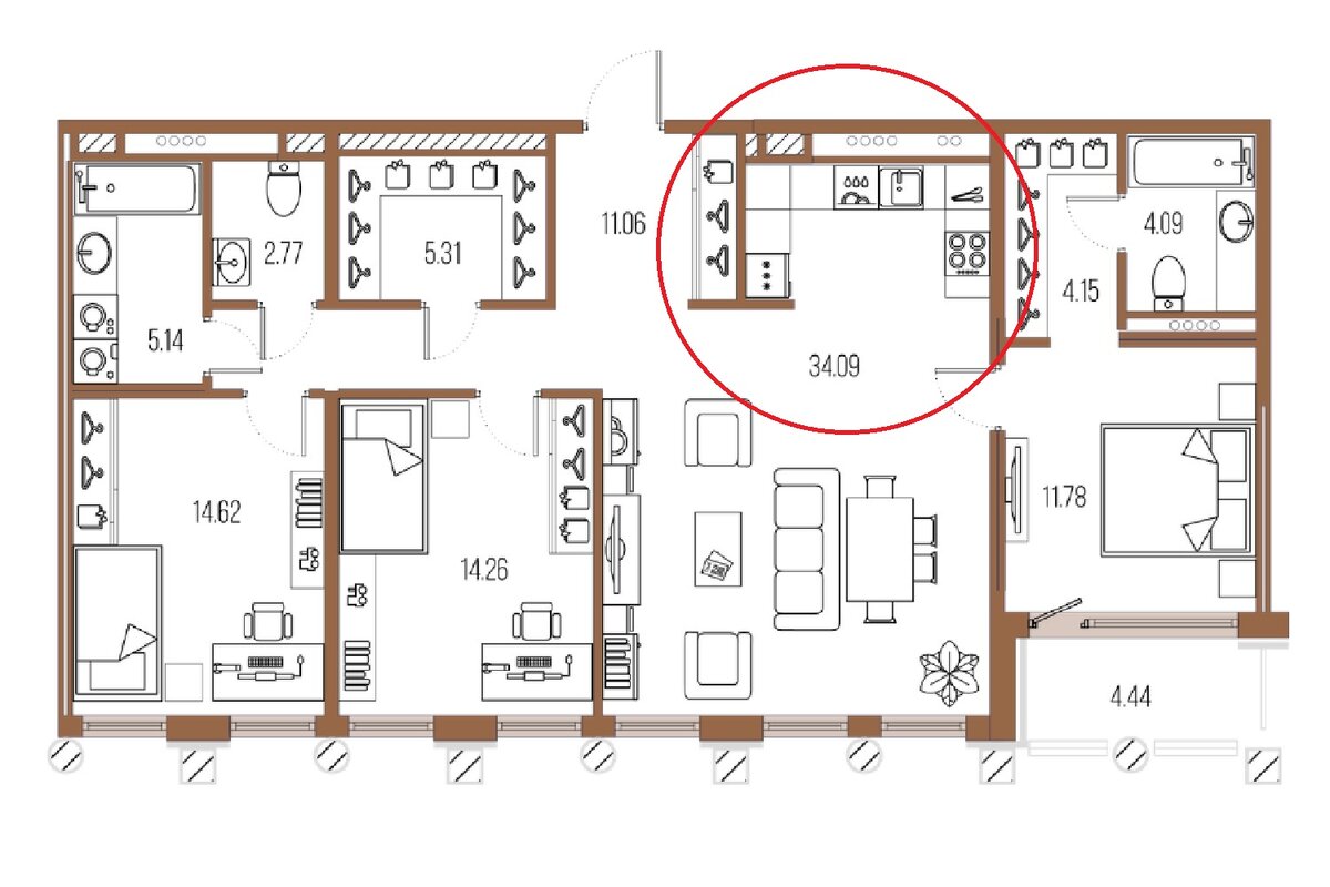 Например, рабочая зона может быть удалена от гостиной и расположена в обособленном пространстве. Плита и холодильник в открытом доступе, вам удобно перенести блюда из зоны готовки к обеденному столу. Но столовая выглядит более парадно, а гостиная кажется уютнее, так как кухонное рабочее место не диссонирует с дизайном общественных зон.