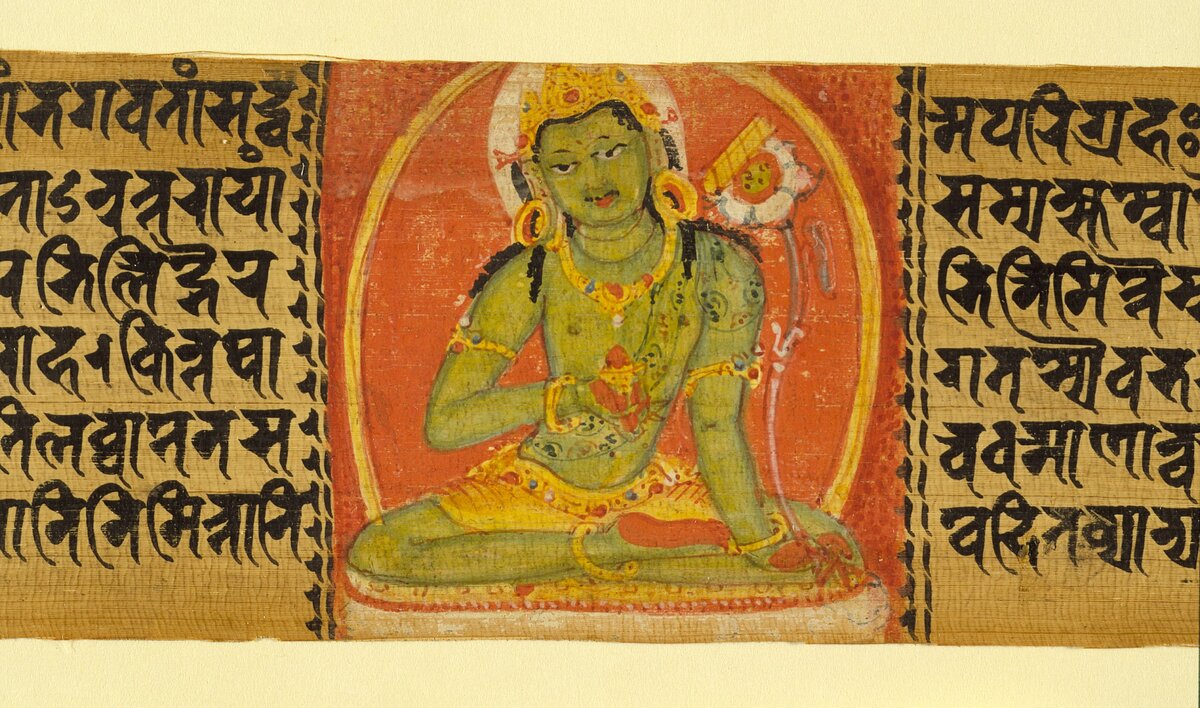 Источник: https://upload.wikimedia.org/wikipedia/commons/5/57/The_Bodhisattva_Manjushri%2C_Folio_from_a_Prajnaparamita_%28The_Perfection_of_Wisdom%29_LACMA_M.72.1.21_%282_of_2%29.jpg