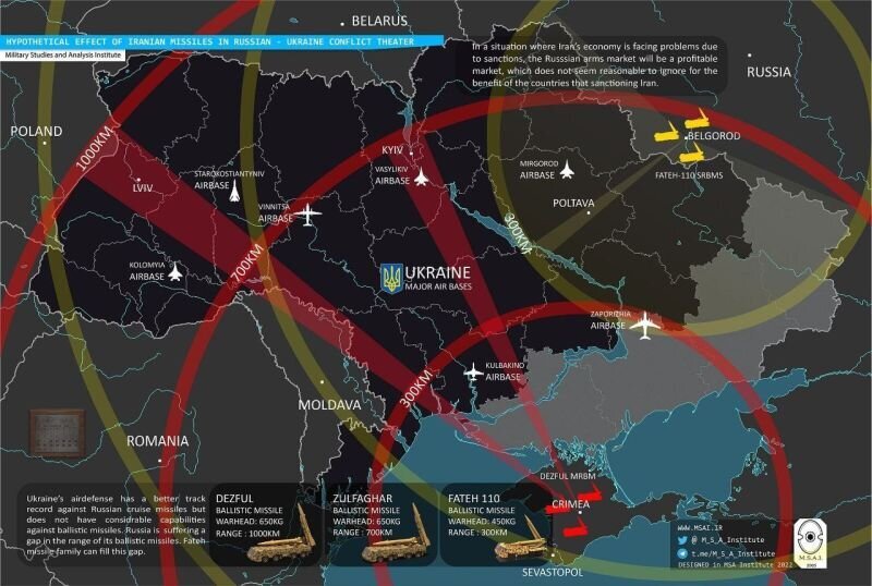 Зона покрытия иранских тактических ракет в случае их размещения в РФ. Источник: new_militarycolumnist