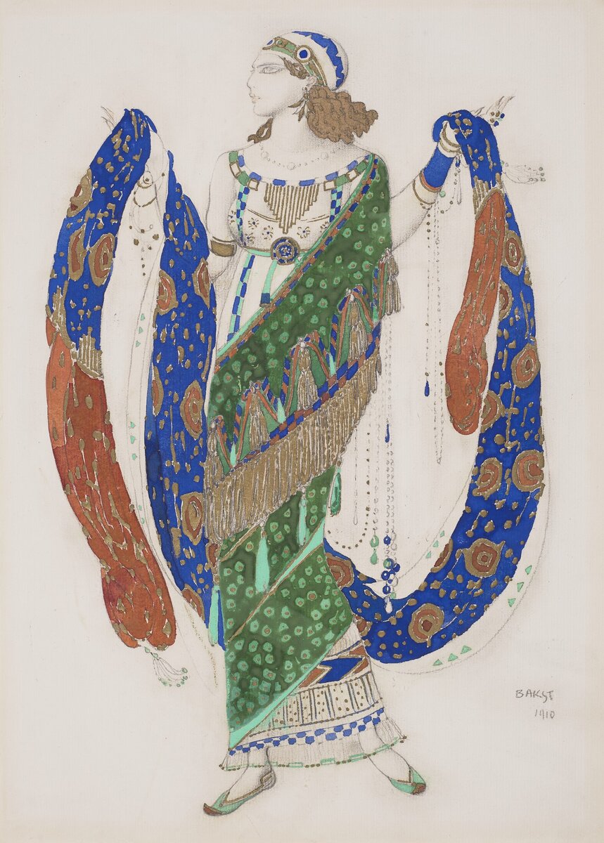 ATTRIBUTED TO LÉON BAKST (1866-1924) Costume design for an Oriental dancer with signature and date 'Bakst/1910' (lower right) pencil, watercolor and gouache, heightened with gold, on paper 13 5/8 x 9 7/8 in. (34.5 x 25 cm.) © CHRISTIE'S