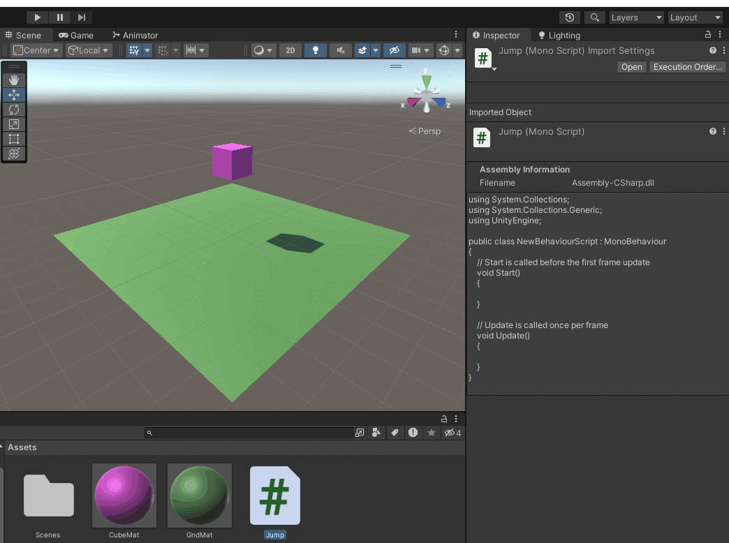 Добавляем в Jump.cs строки кода, который отвечают за "подпрыгивание объекта"