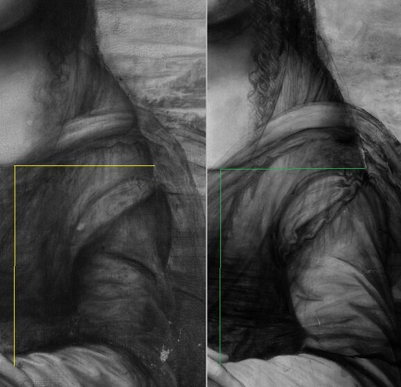 Фрагмент предварительного рисунка двух работ (слева. Джоконда (©Elsa Lambert, C2RMF)/ справа. Джоконда (копия)).