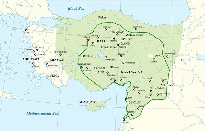 Хеттское царство в середине XIV века до н. э.  (источник: https://elementy.ru/novosti_nauki/434071/Prichinoy_krakha_Khettskoy_imperii_mogla_stat_mnogoletnyaya_zasukha)