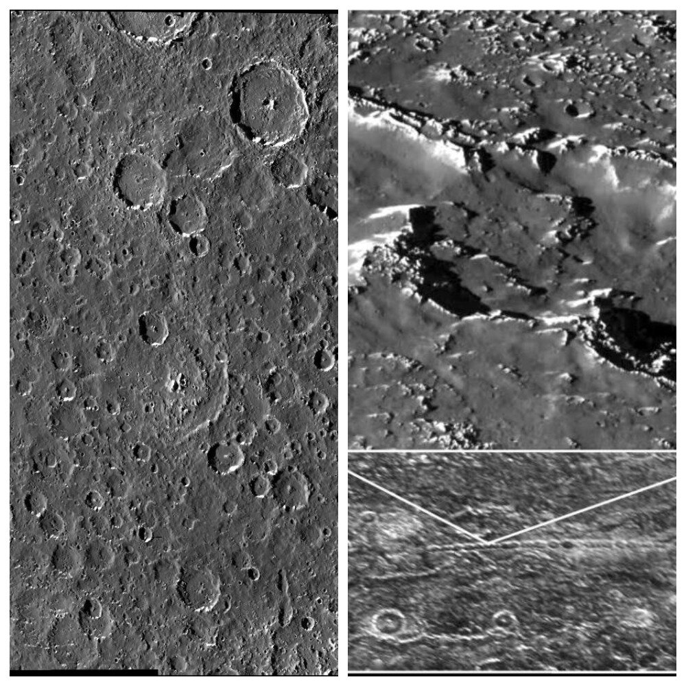 Слева - экваториальный район: снимки получены 25 июня 1997 года с расстояния в 15 200 км от Каллисто. Справа -Цепочка Гомул на Каллисто и её увеличенный фрагмент, фото КА Галилео 4 ноября 1996 г.