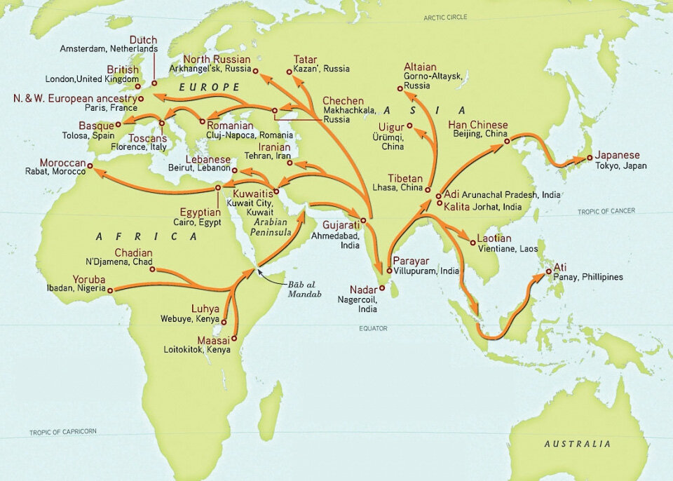 Карта расселения людей из Африки