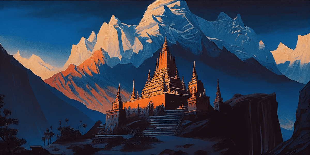  , Nikolay Roerich: A mystical Himalayan landscape with towering mountains and ancient temples