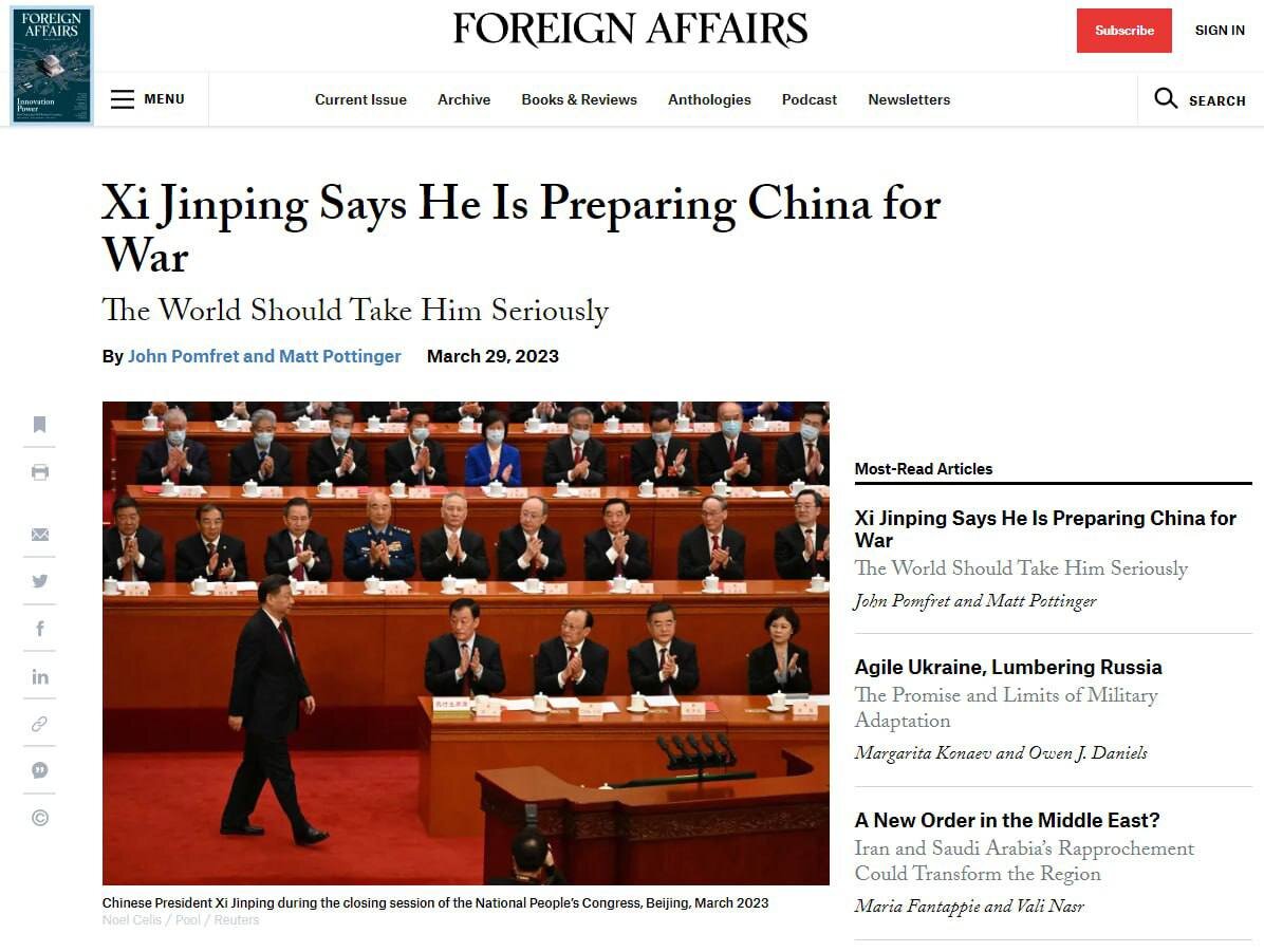 Си Цзиньпин заявил, что готовит Китай к войне, выступая на ежегодном собрании парламента, - Foreign Affairs.

▪️ Си Цзиньпин раскрыл тему готовности к войне в 4-х отдельных речах, а в одной из них сказал своим генералам "смело воевать".
▪️Правительство КНР также объявило об увеличении на 7,2% оборонного бюджета, который удвоился за последние 10 лет, а также о планах сделать страну менее зависимой от иностранного импорта зерна.

NE.САХАР