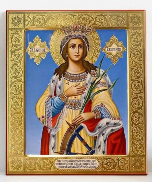 Икона Святая Екатерина,  ручная работа, написана на мореном дубе возраст которого около 2000 лет, чеканка по золоту, написана маслом.