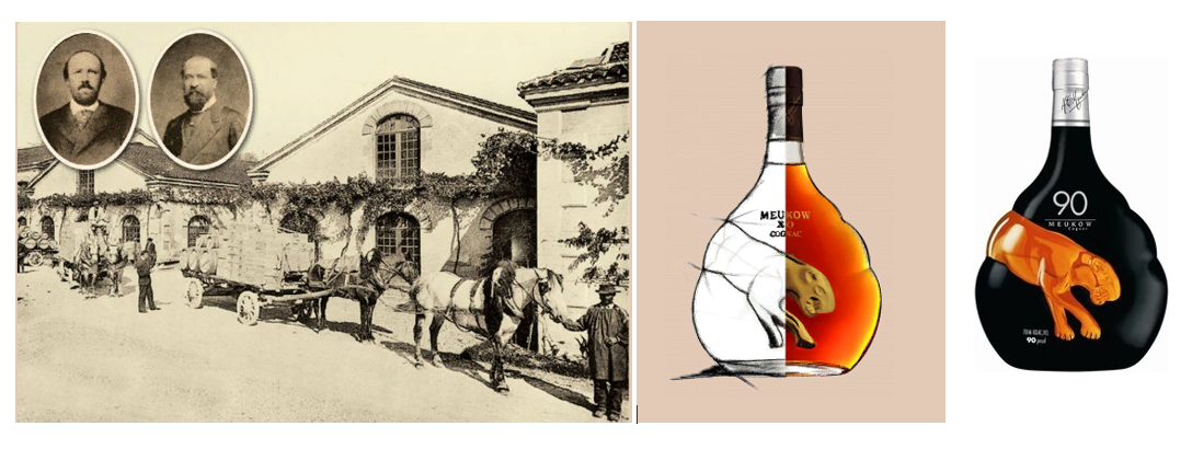 1. Огюст-Кристоф и Густав Мейков 2. Дизайн бутылки Felin, 1993 3. Коньяк Meukow 90 proof