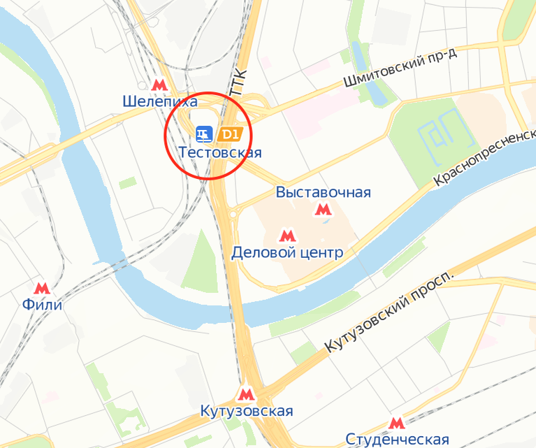 Место, где планировали расположить Евровокзал на карте современной Москвы. То есть в треугольнике между Белорусской ж/д, Окружной дорогой и Шмитовским проездом. Яндекс.Карты.