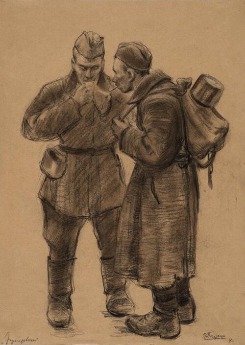 Богаткин В.В. «Фронтовики». 1942 г. Бумага, карандаш, пастель.
