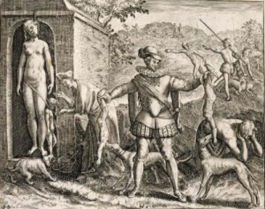 Испанец, кормящий гончих детьми индейцев. Старинная гравюра. 1495 г.