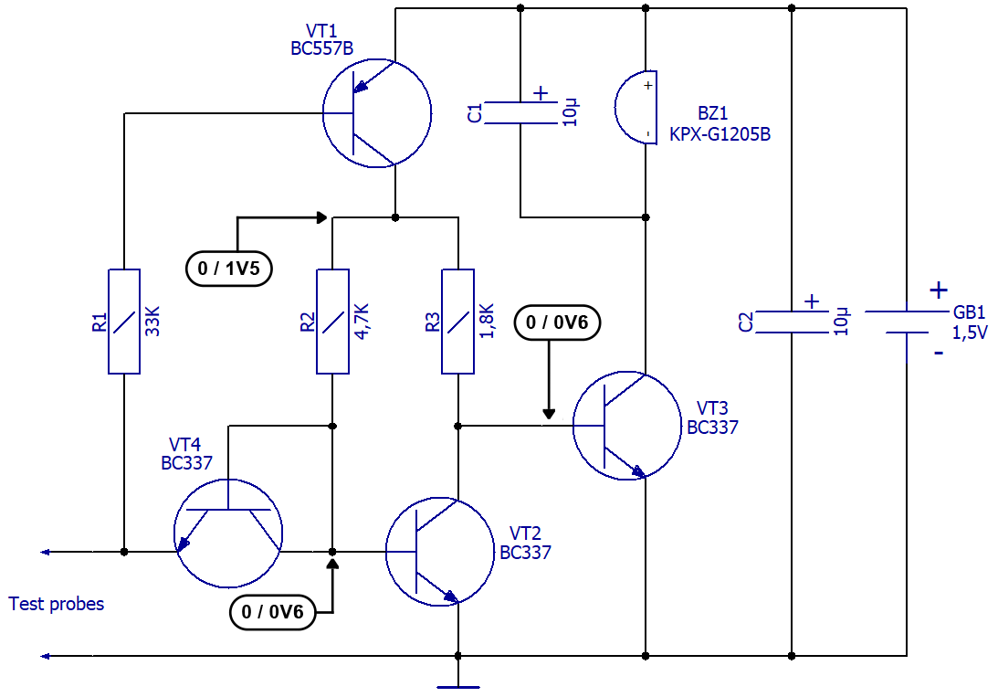 Схема электрическая принципиальная безопасной экономичной «прозвонки»