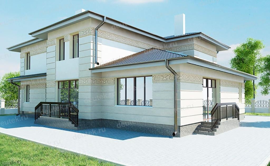 Проект двухэтажного дома 329 м2 из газобетона с балконом и кабинетом - DT0509