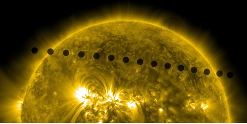 Прохождение Венеры по диску Солнца в 2012-м году. Обращает на себя внимание неизменный диск Венеры, который в случае реального её вращения относительно Солнца отдельно от Земли, конечно, изменялся бы.