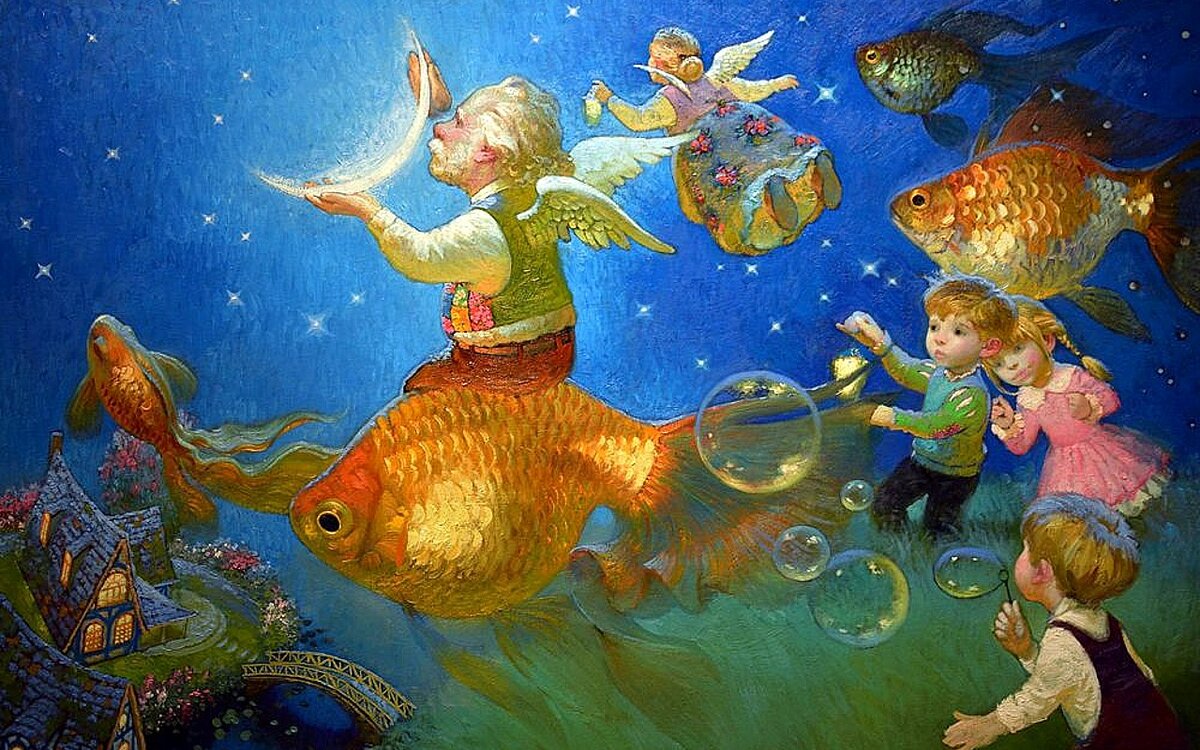 Сюжет золотой рыбки. Сказочная живопись Виктора Низовцева.