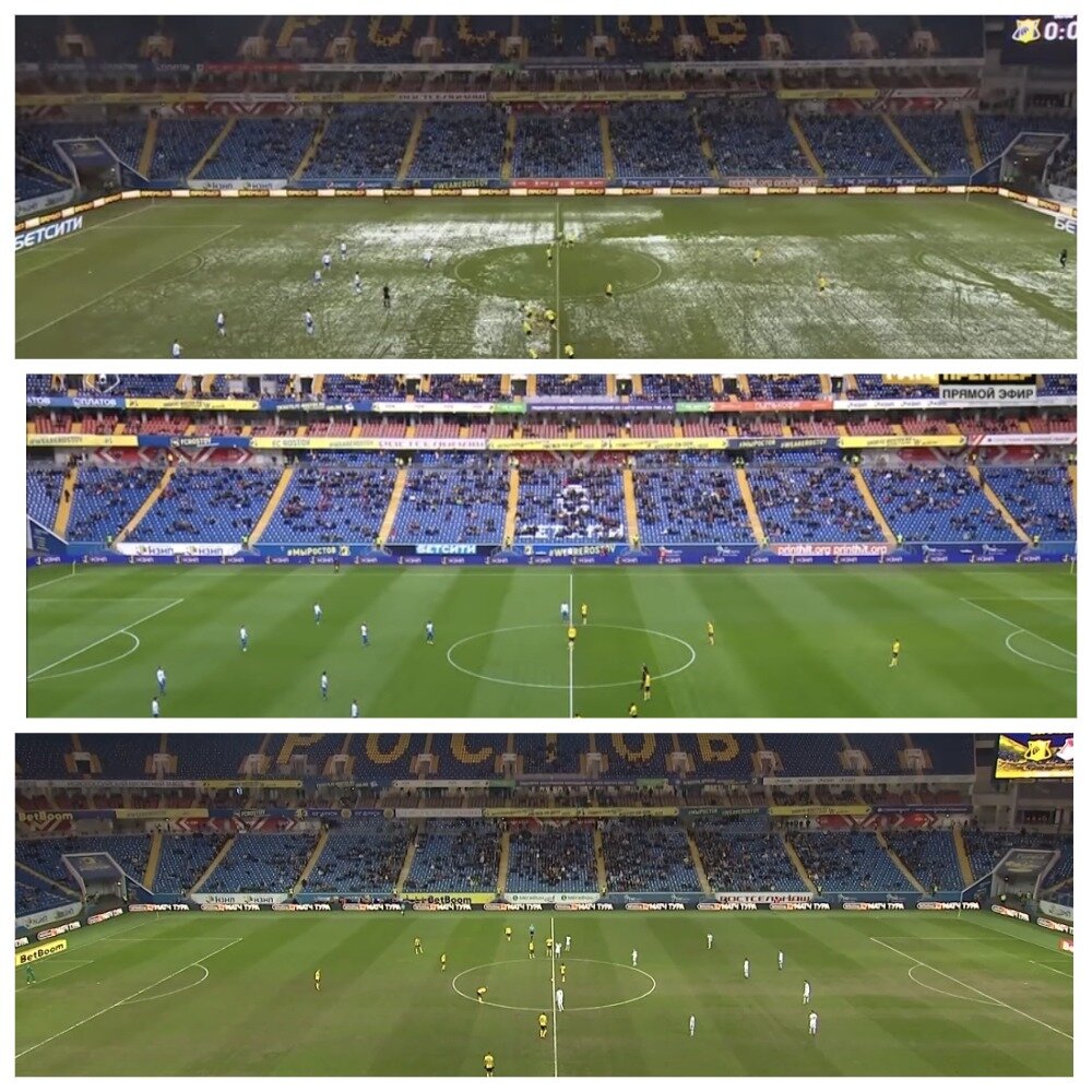 Поле "Ростов Арены" в стартовых матчах РПЛ в 2021🔄2022🔄2023 годах. Скриншот с видео "Матч Премьер"