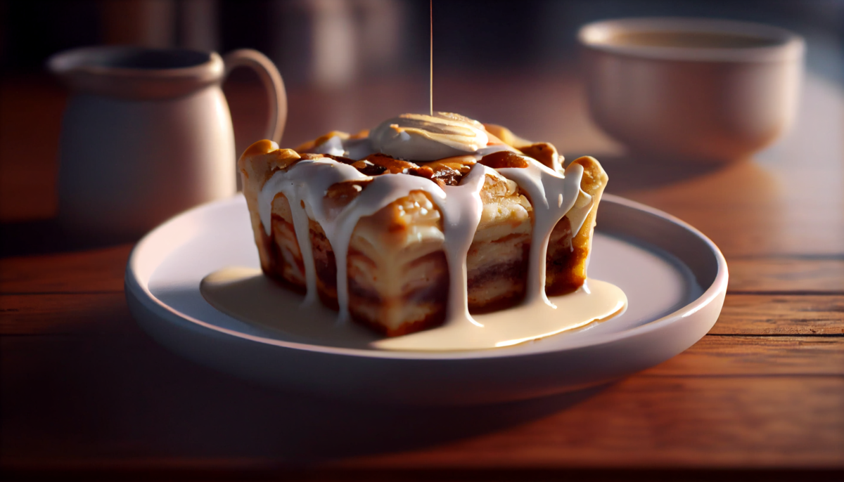 Автор: MidJourney, по описанию: Cinnamon roll bread pudding with cream cheese frosting, unreal engine 5, --ar 16:9
