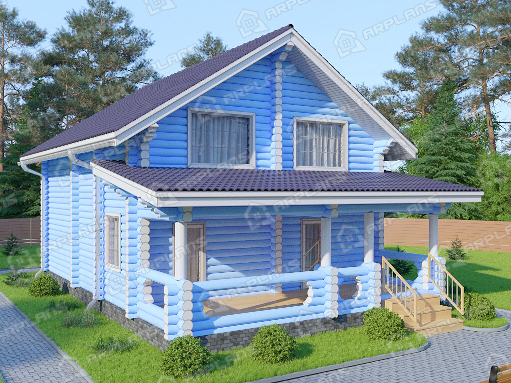 Фото 1 деревянного двухэтажного дома из бревна с мансардой, 3 спальнями, балконом и террасой. Общая площадь 156 кв м. Источник arplans.ru Проект ДО-032