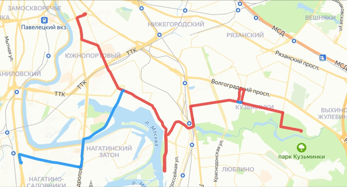 Проектная трассировка трамваев 2 (красный) и 8 (синий+красный до м. Кузьминки (7))