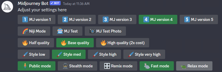 Результат отправки сообщения /settings