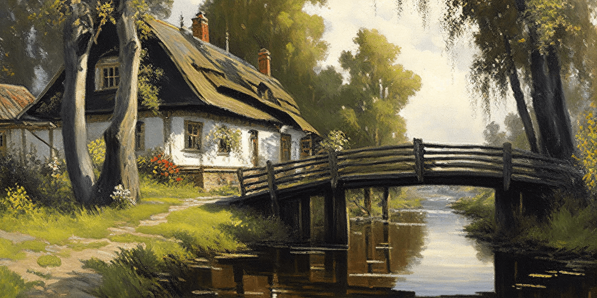  , Vasily Polenov: A picturesque riverside scene with a quaint cottage and a wooden bridge
