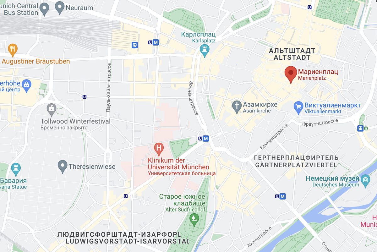 Слева огромная площадь в форме почки - место проведения Октоберфеста