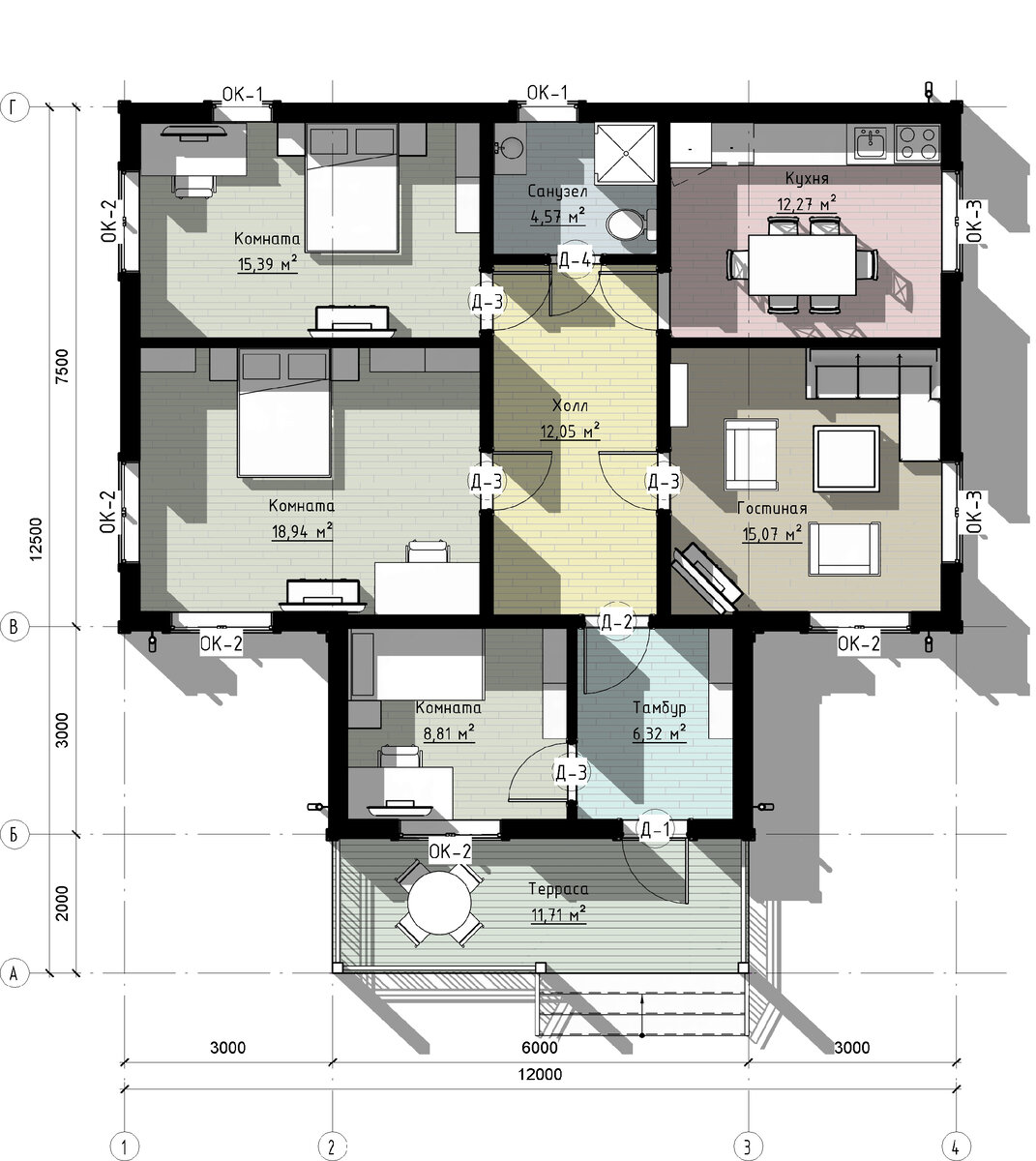 Планировка одноэтажного дома 120 кв м с 4 спальнями террасой