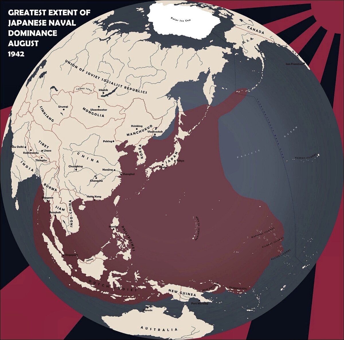 Территория подконтрольная Японской Империи в 1942 году на карте.