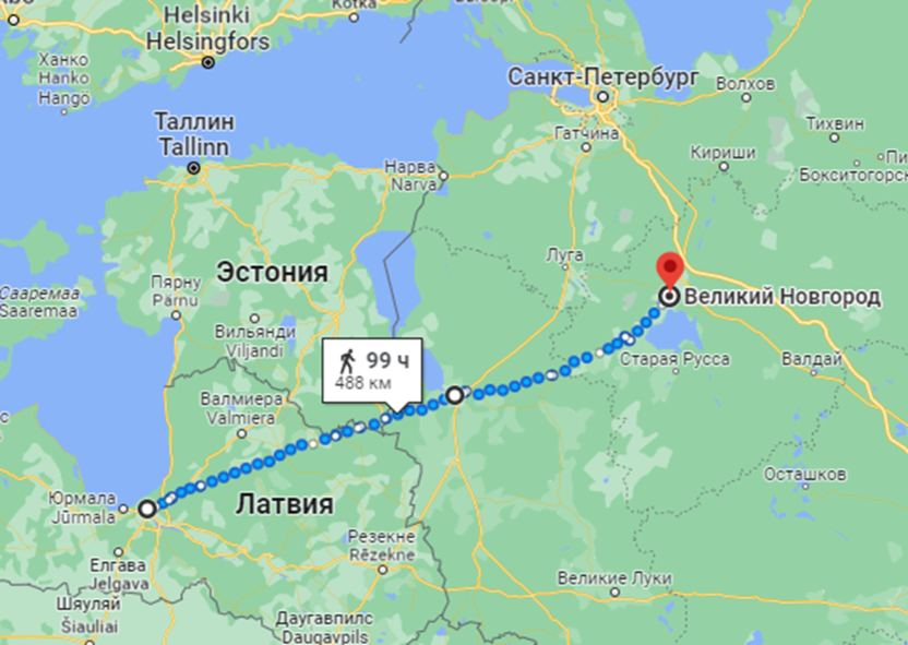 Ось Рига - Псков - Великий Новгород. Google.Карты
