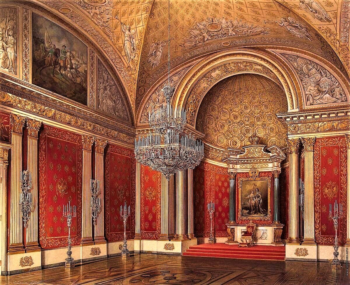 Зимний дворец. Петровский (Малый тронный) зал. Акварель Э.Гау